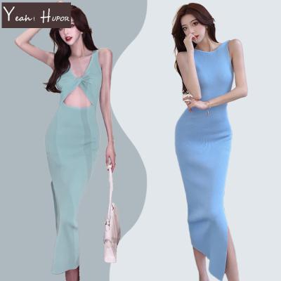 China YEAH HUPOR 2022 new design slit anti-static ribbed hollow sleeveless bodycon knitted maxi dress summer for sale