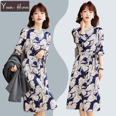 China HUPOR YEAH Silk Office O Neck Long Maxi Sleeve Anti-Static Wear Printed Elegant Dress Women Lady for sale