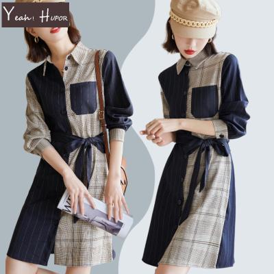 China YEAH HUPOR anti-static patchwork turn down neck vintage loose shirt dress Korean women elegant for sale