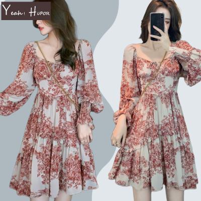 China OUAIS HUPOR 2022 French Style Anti-Static Printing Square Collar Long Sleeves Drawstring Flower Vintage Dress for sale