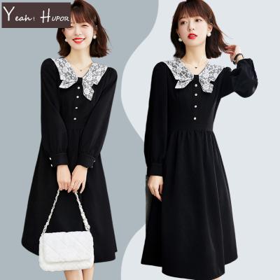 China YEAH Anti-Static Black Long Sleeve Button Lace Bow Neck Black A Line Long Sleeve Casual Dresses for sale