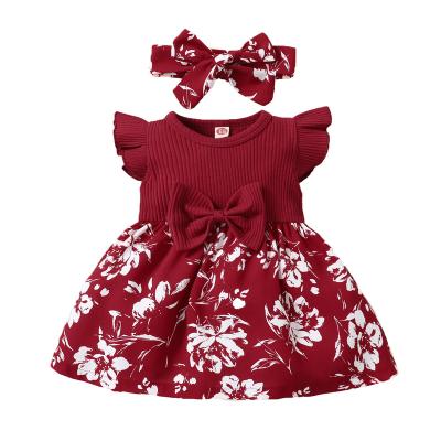 China Factory direct sales splicing two-piece line one sleeve skirt+headband baby washable cute ruffle border dress children for sale