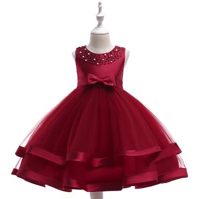 China Children's 3-10 Years Beaded Cake Tutu Skirt Ribbon Bridesmaid Wedding Dress Breathable Round Neck Princess Dress for sale