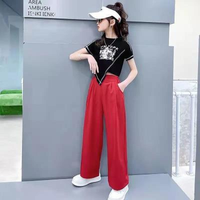 China Summer Girls Sports Suit Fashion 3-14 Years Old Wide-Leg Breathable Top Pants Short Sleeve Two-Piece Suit for sale