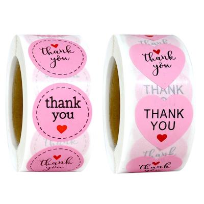 China Heat Sensitive Direct Customized Pink Thank You Stickers Surround Heart Products Label Self Adhesive PET PVC Vinyl Package Label Sticker for sale