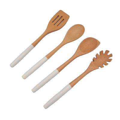 China Sustainable 4 Piece Beech Wood Kitchen Utensils Set With Painted Handle For Cookware Spaghetti Server Corner Spoon Slotted Spatula for sale