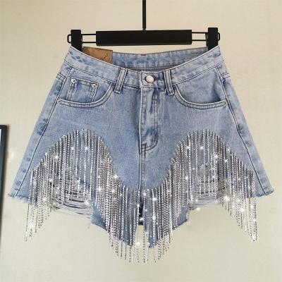 China 2022 Summer New Arrival Women Denim Rhinestone Tassel Chain Y2k Shorts QUICK DRY Sexy Irregular Beading Jeans For Woman for sale