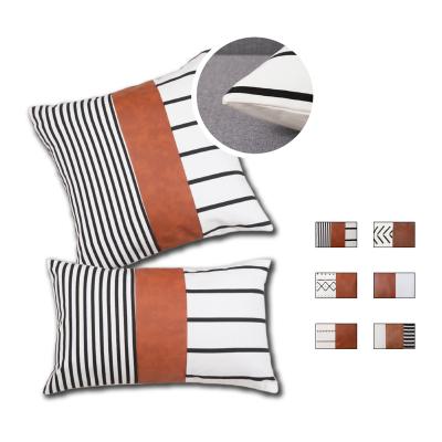 China Folded Farmhouse Decorative Pillow Cotton canvas print stitching Modern Faux Leather Cushion Sofa Pillowcase for sale