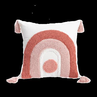 China Folded Pink Rainbow Circle Velvet Waist Pillow With Tassel Sofa Cushion Bedside Pillow for sale