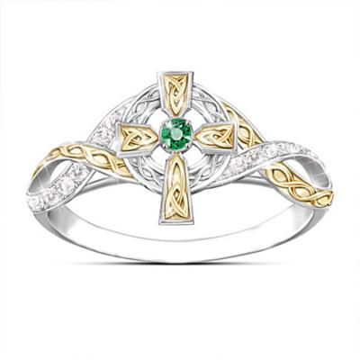 China Factory Sale Hot Sale Fashion Double Color Cute Copper Directly With Green Zircon Women Cross Ring for sale