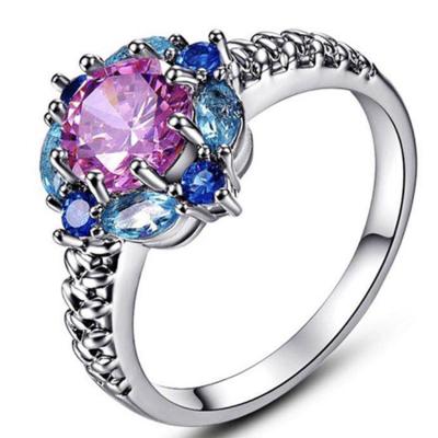 China New Arrival Fashion CLASSIC High Quality Flower Shaped Colorful Diamond Silver Plated Brass Wedding Ring for sale