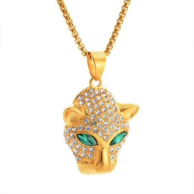 China TRENDY high quality fashion hot sale gold plated stainless steel green crystal leopard head large necklace for sale