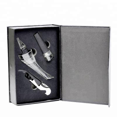 China Viable Wine Set With Three Piece Gift Box With Wine Corkscrew Vacuum Bottle Stopper And Aerator Pourer for sale