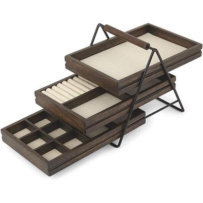 China New Viable Factory Design Large Capacity Deck Jewelry Three-Tier Organizer Tray Wood for sale