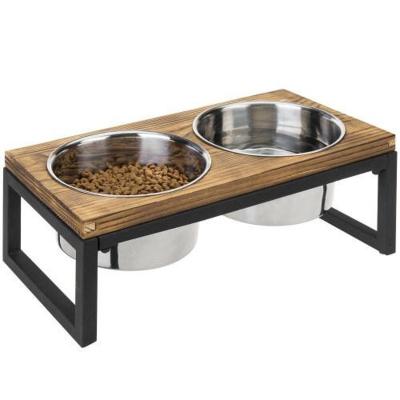 China Sustainable Unique Design Burnt Metal Stainless Steel Wood Black Dog Feeder Dog Feeding Rack for sale