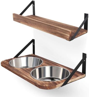 China Sustainable Dog Wheels Customized Size Pet Wall Mounted Raised High Feeder With 2 Stainless Steel Dog Cat Dishes Rustic Wood Raised Pet Bowls for sale