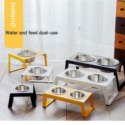 China Sustainable Wholesale Pet Food 2 High Water Set Bowls Dismountable Dog Bowl Stainless Steel Metal Bowl for sale