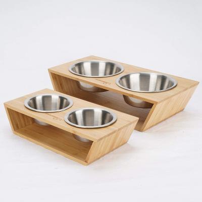 China Sustainable Plant Custom Bamboo and Metal Dog Bowl with Feeding Rack for sale