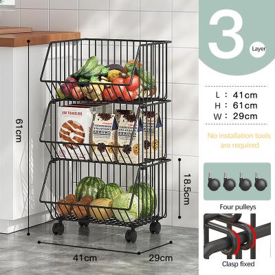 China High Quality Metal Living Kitchen Three Tier Fruit And Vegetable Storage Moving Rack With Wheels for sale