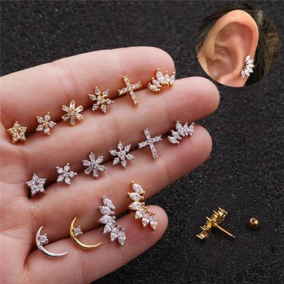 China High Quality 1Piece Floral Star Heart Cross Flower Crown Stainless Steel Earrings Piercing Stud Jewelry Earring Accessories For Women Girls for sale