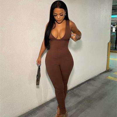 China 2022 AKaily Viable Spring Jumpsuit Women V-neck Casual Rompers Brown One Piece Sleeveless One Piece Teams Bodycon Overalls for sale