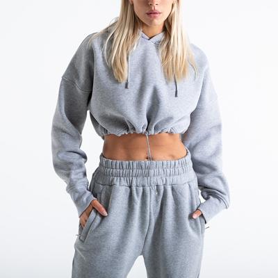 China OEM Breathable Gray Ladies Sweatsuit Cotton Gym Workout Wear Women Shear Jogger Cropped Sweatshirt Hoodies Sets for sale