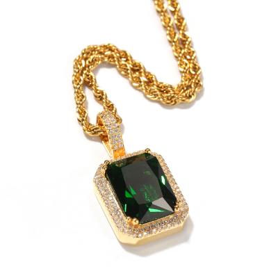 China Environmental Friendly Hip Pop Gold Plated Green Wedding Necklace Square Crystal Pendant Necklace for sale