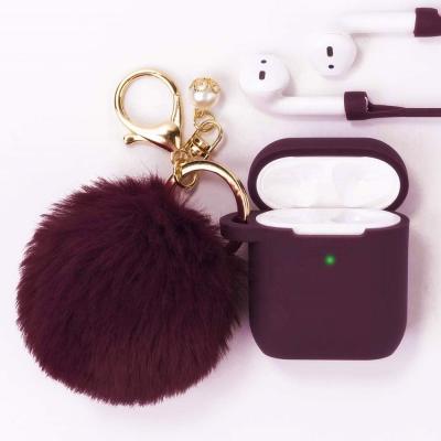 China Best Selling Burgundy Silicone Cute Fur Ball Chain Key Case Cover For Apple Airpod 2/1 for sale