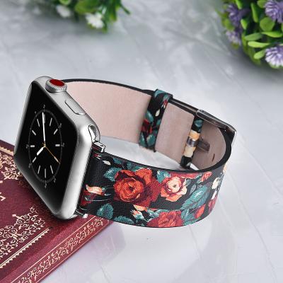 China Fashion Flower Printed Strap Watch Band For Apple Watch Strap, Leather Band For Apple Watch for sale