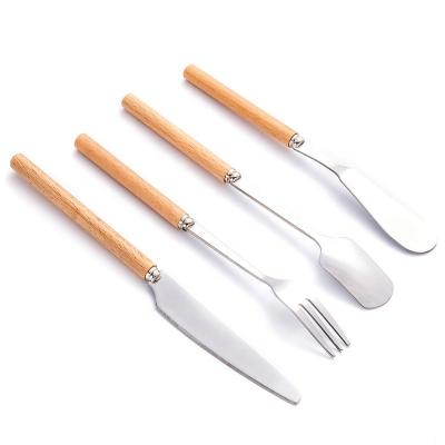 China Sustainable Wooden handle dessert spoon and fork 410 stainless steel western tableware knife fork spoon set for sale