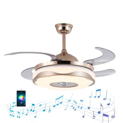 China Modern Luxury Light Modern LED Ceiling Fans Pendant Led Light With BT Speaker Reversible Copper Motor Blades Chandelier Retractable Fan for sale