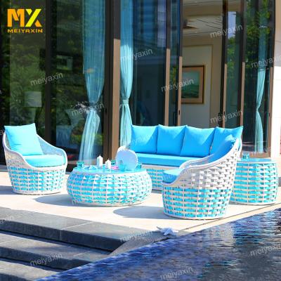 China High-end blue outdoor rattan pool weather sale furniture wicker furniture set comfortable warm European outdoor yard waterproof for sale