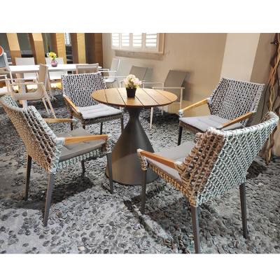 China Outdoor Furniture 4 Chairs Aluminum Teak Patio Furniture Set Anti-UV Rope Weaving Wicker Dining Table Set for sale