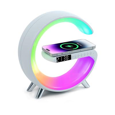 China Radio Charging 2023 Alarm Clock New Table RGB Night Light BT Speaker Wireless Charger Bedroom Music 15W Qi Phone Charging Station Dock for sale