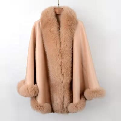 China Fashion.Elegant 2021 Winter Women Fashion Woolen Poncho Cashmere Fur Shawl Fox Fur Trimming Woolen Poncho for sale