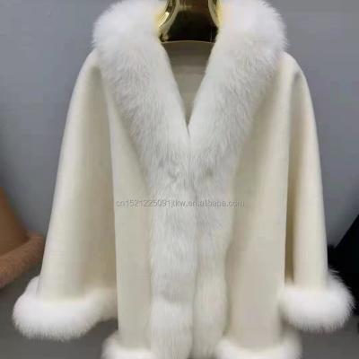 China Fashion.Elegant 2021 Winter Women Fashion Woolen Poncho Cashmere Fur Shawl Fox Fur Trimming Woolen Poncho for sale