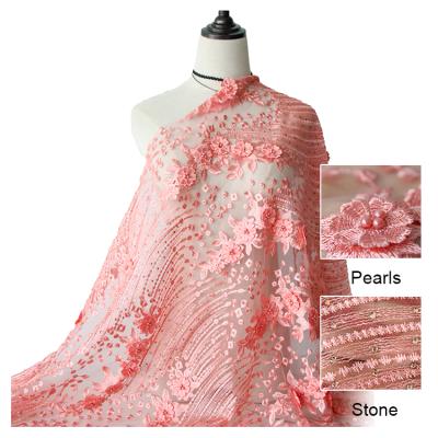 China Fashion Breathable Lace Embroidery Fabric Wholesale French Net Tulle With Applique Flowers For Dress for sale