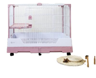 China Portable Breathable Pet Cat Rabbit Carrying Metal Pink Cage With Wheel for sale