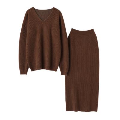 China Anti-wrinkle 2021 spring fashion ladies knit skirt suits sweater set women 100% cashmere sweater skirt suits for sale