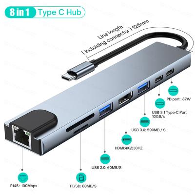 China High Speed ​​8-in-1 USB C USB3.0 5Gbps HDTV USB Type C to Type C Hub RJ45 SD/TF Card Reader PD 4K HD Cable Adapter Computer Accessories for sale