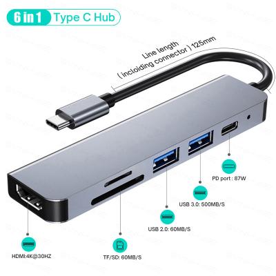 China USB3.0 5Gbps High Speed ​​6 in 1 USB-C Port 6 Port Hub PD High Speed ​​Charging USB 3.0 Hub for Matebook for sale