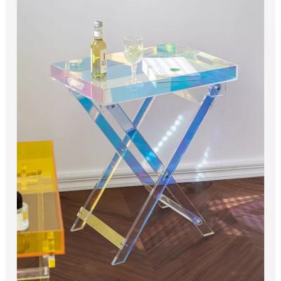 China Nordic Style Rectangular Acrylic Folding Table Iridescent Rainbow Lucite Side Table for sale