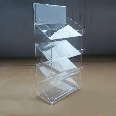 China For customized pmma plexiglass floor book shelves custom 4 tiers document acrylic display shelf shelf for magazine for sale