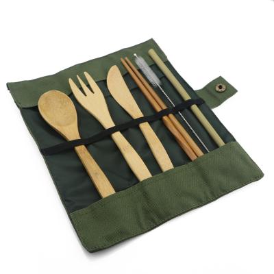 China 5pcs Sustainable Portable Flatware Dinnerware Fork Wooden Spoon For Travel Camping With Pocket for sale