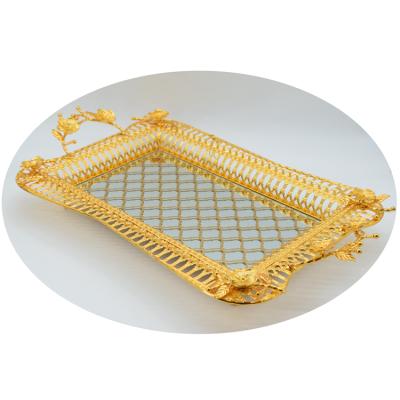 China Hot European and American Nordic Light Luxury Gold Platter Sale Style Ear Cake Tray Double Glass Mirror Storage Tray for sale