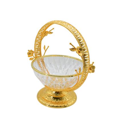 China Fashion Round Gold Silver Portable Metal Open Fruit Basket With Handle for sale