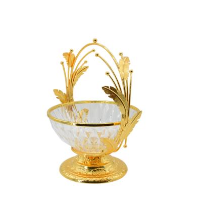 China Luxury Acrylic Glass Type Gift Fashion Feather Design Gold Round Metallization Fruit Basket Handle Basket for sale