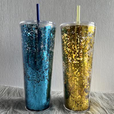 China Sustainable Wholesale Glossy Drinking Plastic AS Double Wall 24 oz Dazzle Tumblers with Straw and Lid for sale