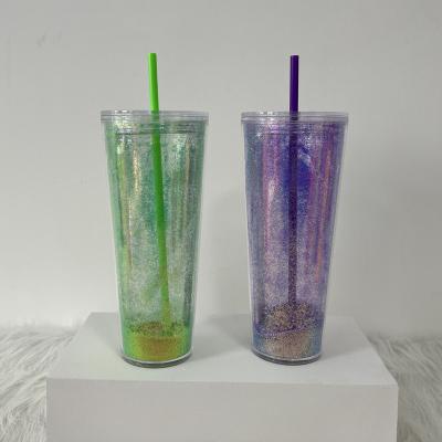 China Sustainable Wholesale Glossy Drinking Plastic AS Double Wall 24 oz Dazzle Tumblers with Straw and Lid for sale