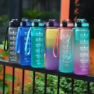 China Gradient Color 32 Ounce BPA Fitness Gym Sport 1L Sustainable Frosted Plastic Motivational Free Water Bottle With Straw Time Manufacturer for sale